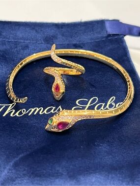 Thomas Sabo Gold Snake Cuff Bracelet and Ring Set with Pink and Green Stones